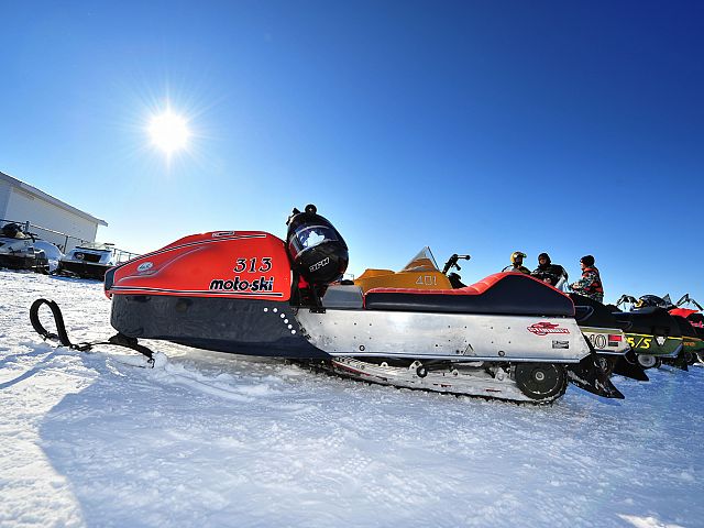 Vintage Moto Ski at the Moose Jaw Sno-Drifters vintage snowmobile drag racing event. 