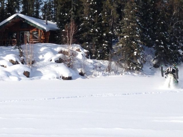 Great powder in front of our log cabin we stayed in.