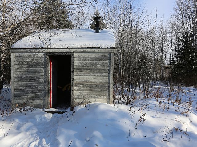An older warming shack does the trick for our lunch stop break out on the trails around Child's Lake.